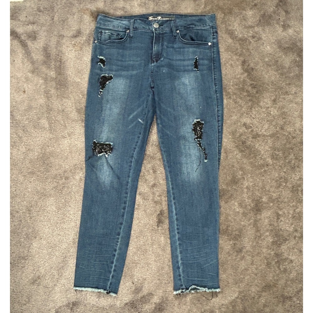Seven7 Skinny Jeans Womens 14 Blue Eloquently Distressed Sequin Raw Hem Cropped